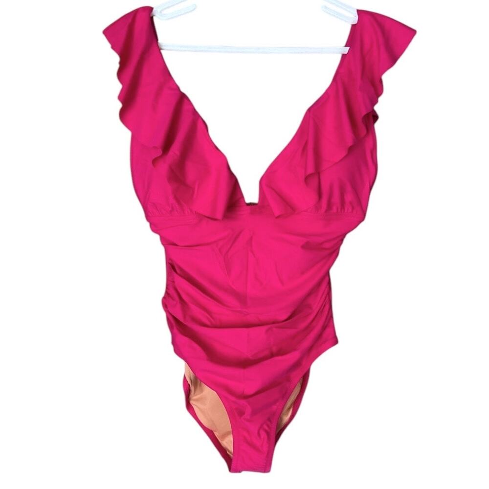 J.Crew Women's Ruched Ruffle One-Piece Swimsuit Sizes 0 - 12 Radiant Fushia NEW - Picture 2 of 7
